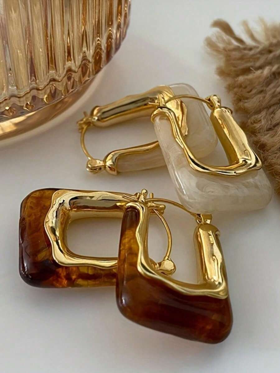 2/4Pcs Elegant Vintage U-Shaped Hoop Earrings With Golden-Tone Finish & Resin Inlay – Stylish E... | SHEIN