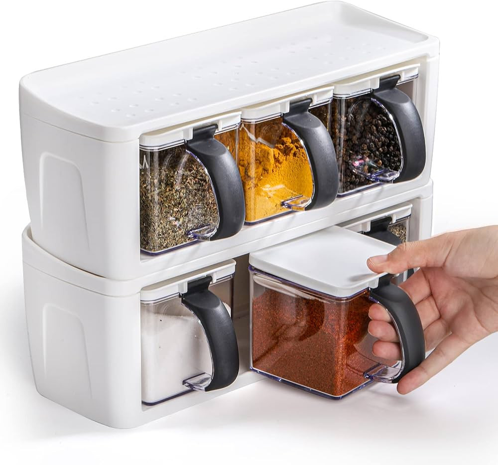 ZENFUN 2 Pack 3 Grids Seasoning Box with Handle and Spoon, Clear Kitchen Salt Pepper Sugar Storage Container, Stackable Cruet Condiment Containers Storage Rack for Salt, Sugar, Spice, Herbs | Amazon (US)
