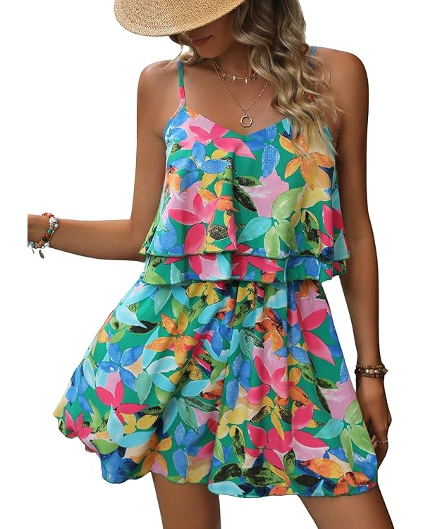 Women's Boho Wide Leg Short Romper Spaghetti Strap Layered Ruffle Vacation Summer Jumpsuit | Amazon (US)