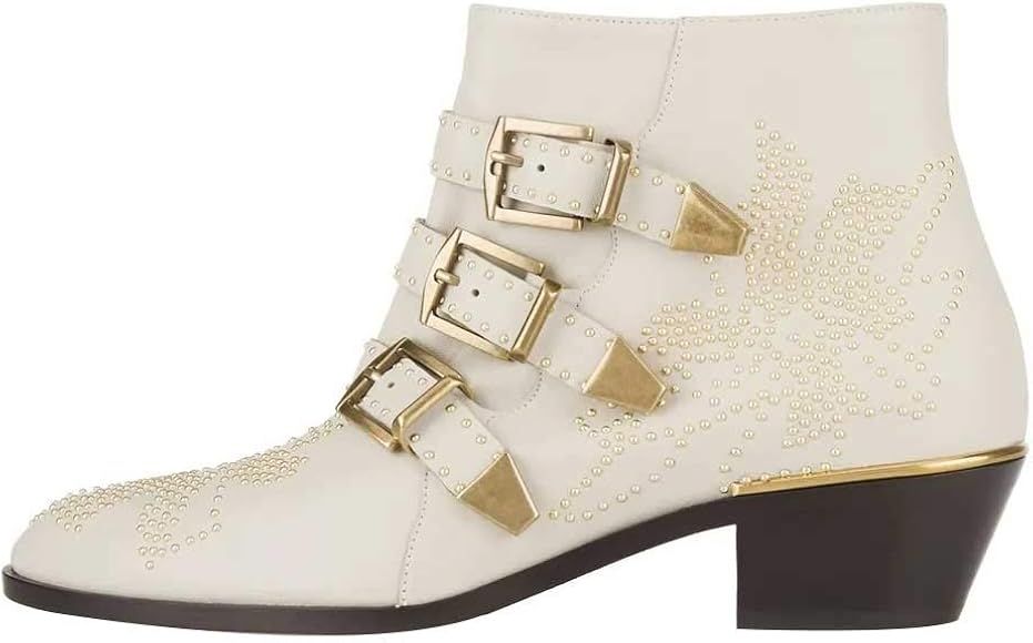Verocara Studded Ankle Boots for Women Almond Toe with Rivet Buckle Strap Low Block Heel Leather Lad | Amazon (UK)