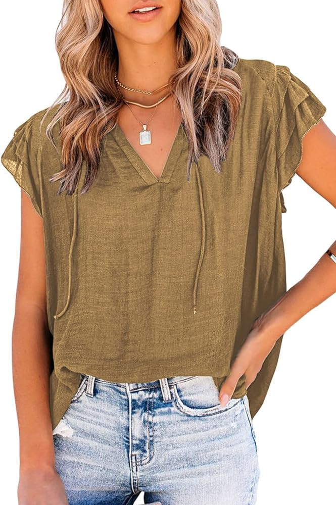 Dokotoo Women's Casual V Neck Tops Drawstring Short Sleeve T Shirt Blouses | Amazon (US)