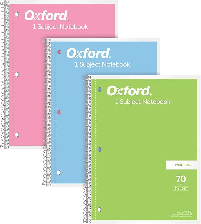 Oxford Spiral Notebooks, 1-Subject for School, Wide Ruled Paper, 70 Sheets, 8 x 10.5 Inches, Asso... | Amazon (US)