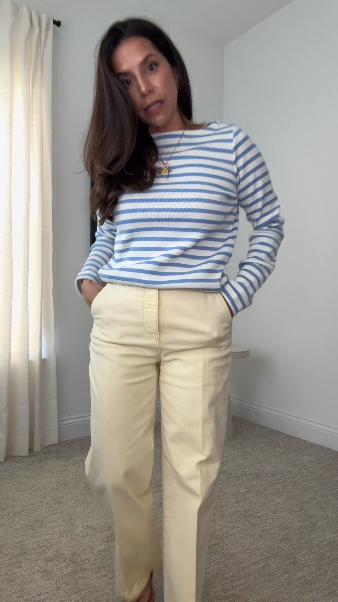 Wearing petite denim in size 0, should have gone up a size. High waist style. Wearing xs in sweater  
