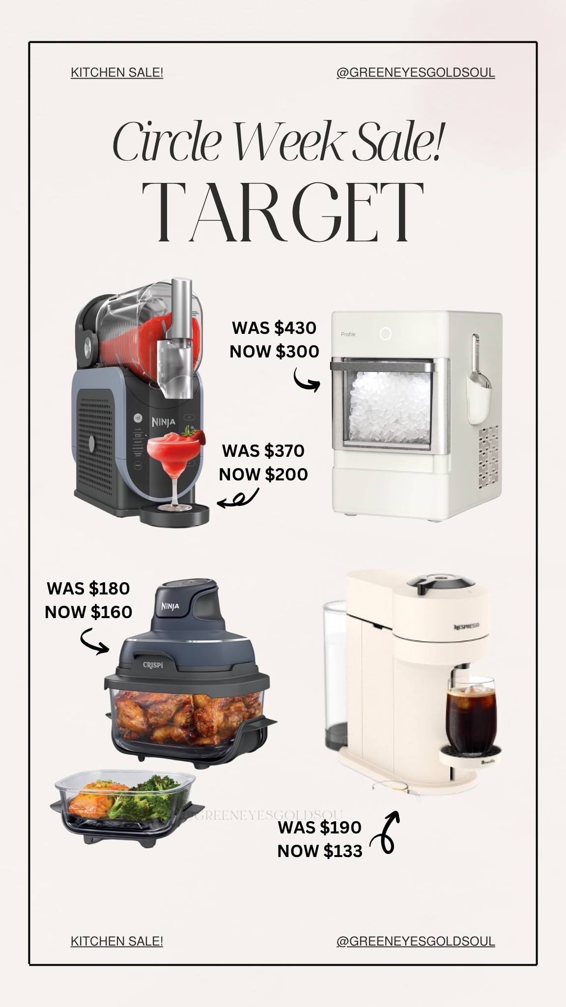Target Circle Week is bringing the kitchen deals 👏 These are the biggest markdowns I spotted on must have appliances including the Ninja Slushi, countertop ice maker, Ninja Crispi, and Nespresso machine. If you’ve had any of these on your wishlist, now is the time to grab them before prices go back up!

#TargetCircleWeek #TargetDeals #KitchenDeals #TargetFinds #HomeEssentials

Target Circle Week, Target kitchen deals, Target appliance sale, Ninja Slushi machine, Ninja Slushi deal, countertop ice maker, nugget ice maker, Ninja Crispi, Nespresso machine sale, coffee station essentials, kitchen gadgets, kitchen appliance deals, Target Circle sale, home essentials, entertaining essentials, summer hosting, iced coffee maker, kitchen must haves, viral kitchen gadgets, Target finds

#TargetCircleWeek #TargetDeals #TargetFinds #KitchenDeals #KitchenAppliances #NinjaSlushi #Nespresso #IceMaker #HomeEssentials #KitchenGadgets #CoffeeBar #TargetStyle #DealAlert #HomeFinds #LTKHome

#LTKHome #LTKfoodie #LTKSaleAlert