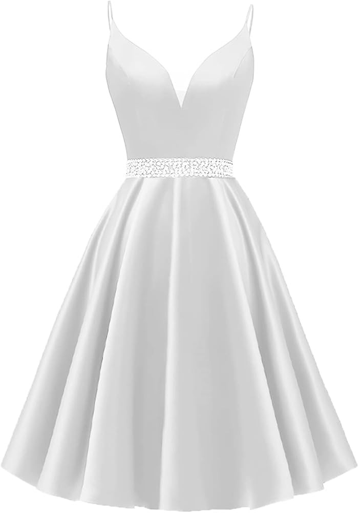 Satin Short Prom Dresses Spaghetti Straps Homecoming Dresses V-Neck Beaded Evening Formal Party G... | Amazon (US)