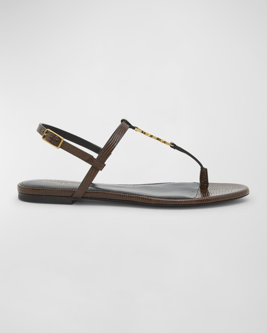 Saint Laurent Cassandra Embossed YSL T-Strap Sandals | Neiman Marcus
