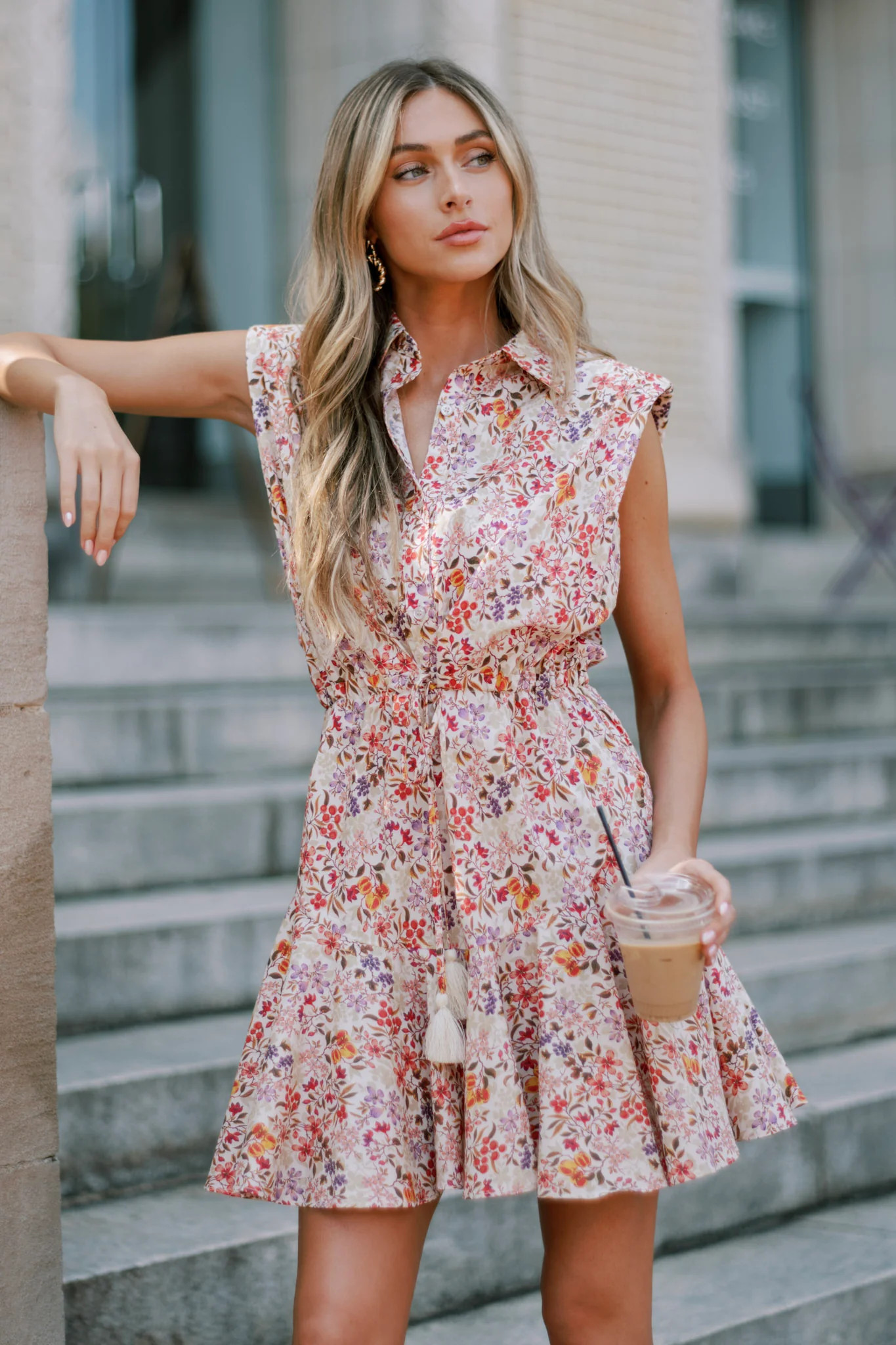 Garden Grace Beige Multi Floral 100% Cotton Collared Mini Dress | Red Dress