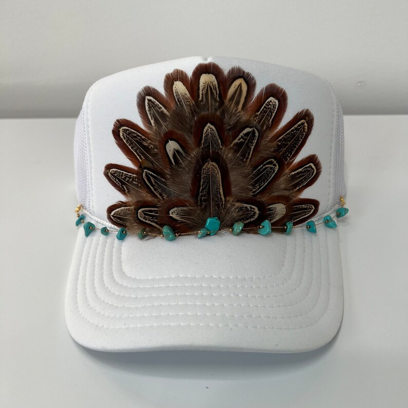 FEATHER Trucker Hat With Turquoise Beaded Hat Chain Turquoise Stone Embellished Stagecoach NFR Ha... | Etsy (US)