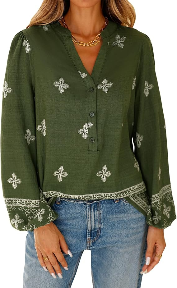 BTFBM Womens Tops Spring Casual Long Sleeve Shirts Button Up V Neck Bohemian Blouses Loose Tunics... | Amazon (US)