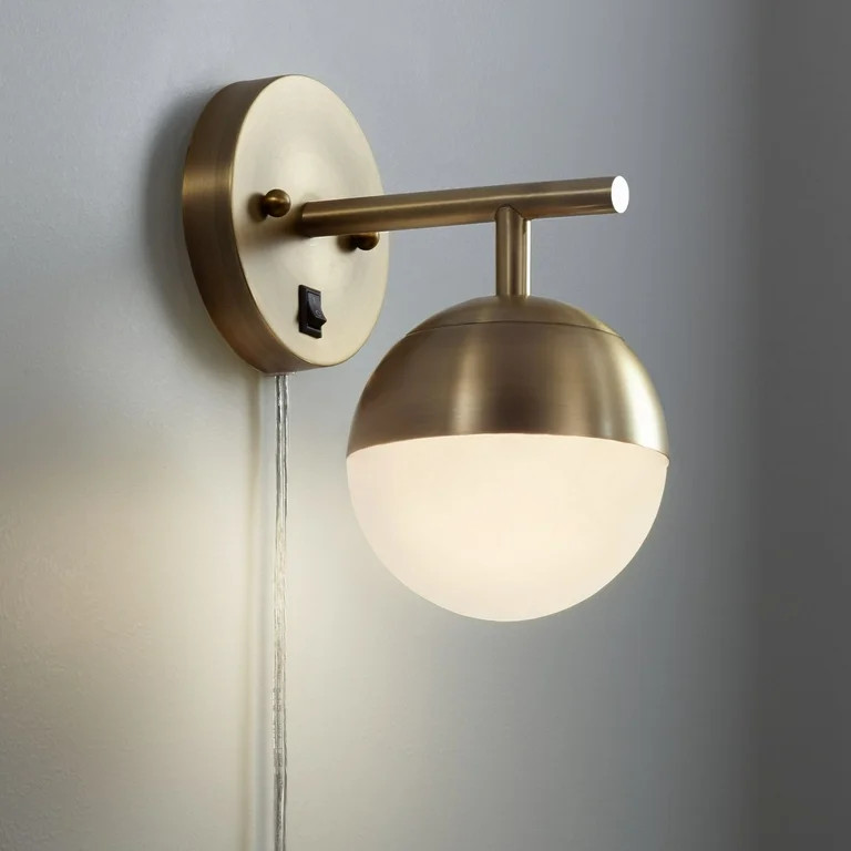 360 Lighting Mid Century Modern Wall Lamp Antique Brass Plug-In Light Fixture Frosted Glass Globe... | Walmart (US)