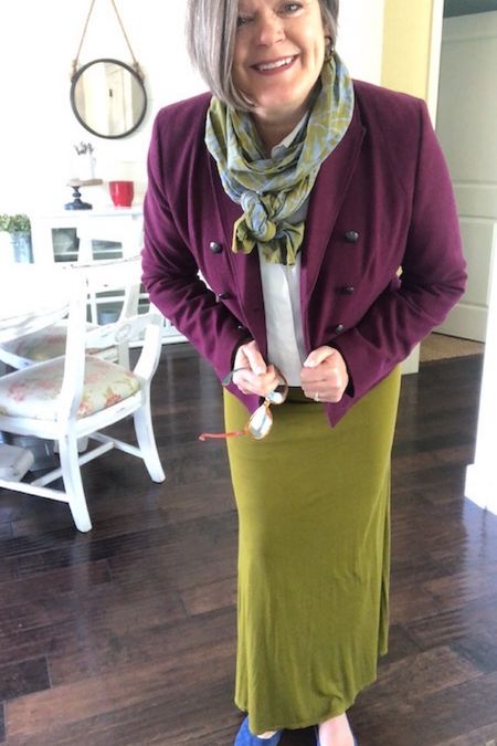 Yummy fall colors! Green maxi skirt with white blouse, plum jacket and blue suede flats for comfort. Tie a pretty scarf around your neck and you are ready for the day! 

#LTKstyletip #LTKover40 #LTKbeauty