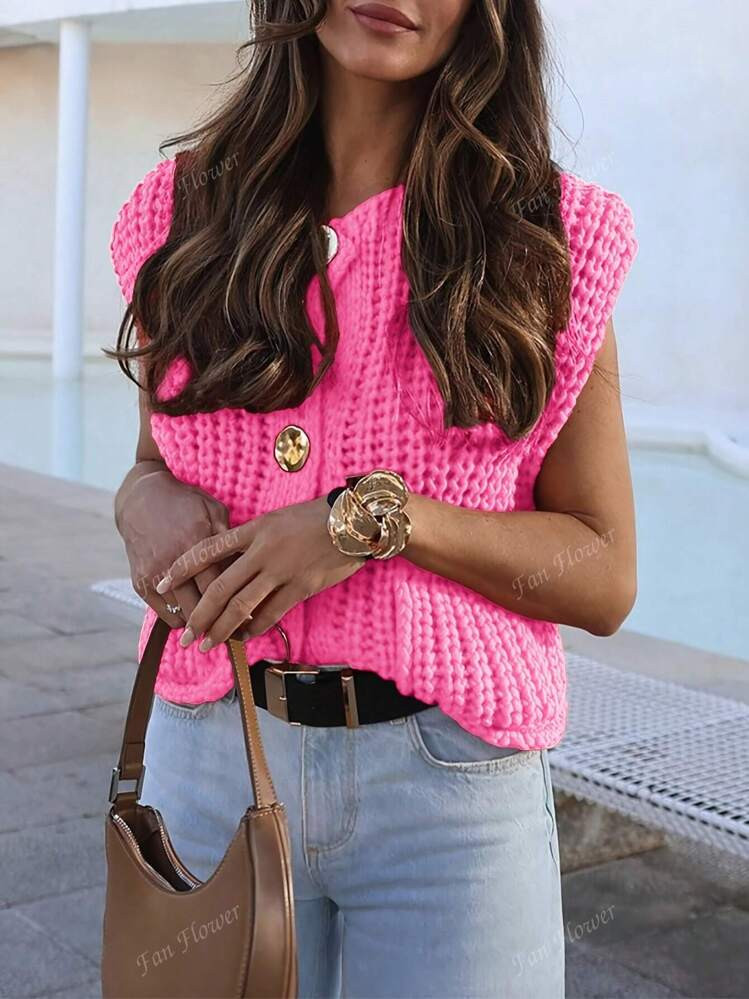 Women's Fashion Sleeveless Short Solid Button Knit Cardigan With Pockets | SHEIN