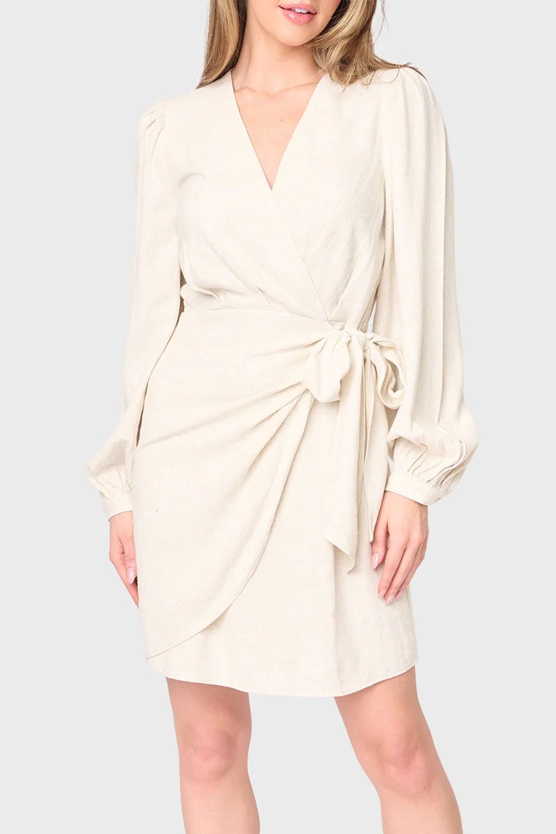 Blouson Sleeve Wrap Linen Dress | Gibson
