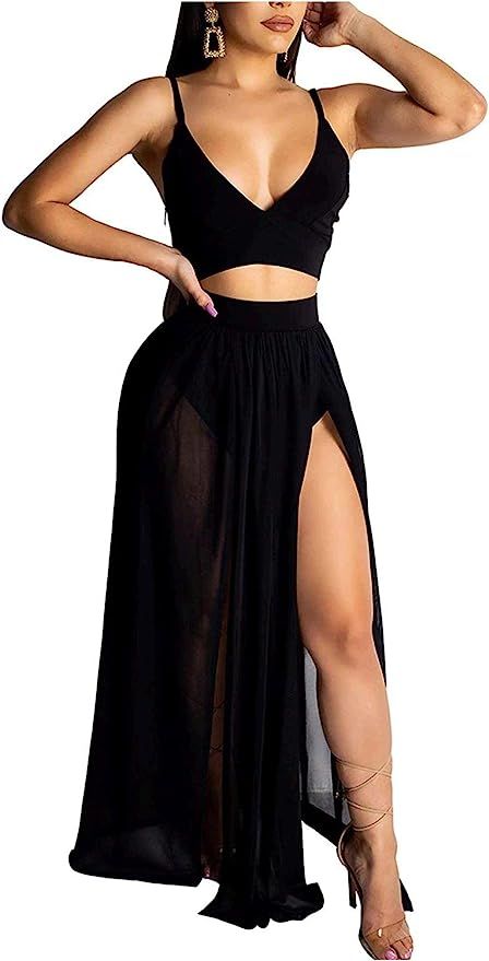 Rela Bota Women's Sexy Summer 2 Piece Maxi Chiffon Dress Crop Top Skirt Set Beachwear Cover Up | Amazon (US)