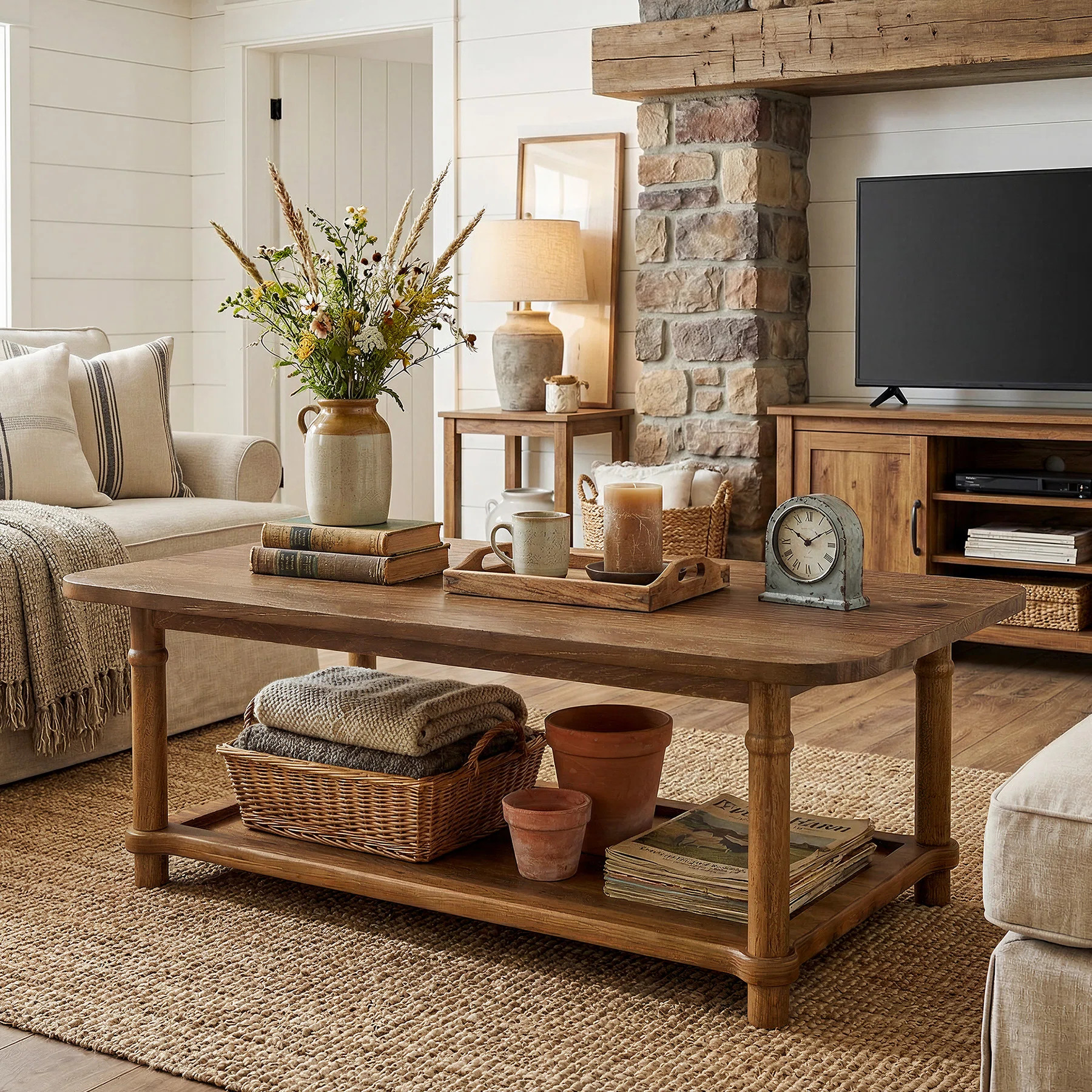 47" Solid Wood Coffee Table, Modern Farmhous Center Table with 2-Tier Storage | Wayfair North America