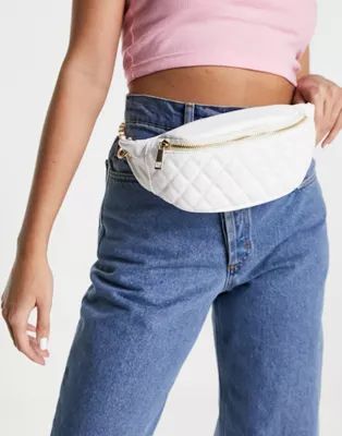 ASOS DESIGN quilted chain detail fanny pack in white | ASOS (Global)