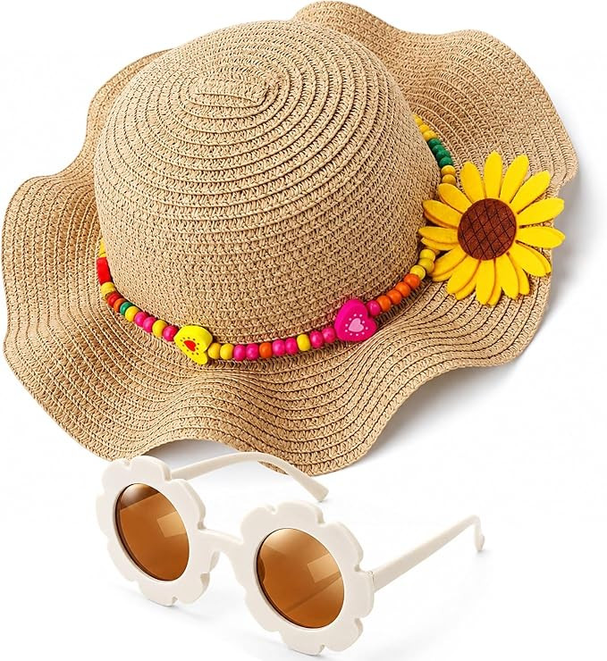 Jecery Girls Straw Sun Hat with Flower Sunglasses, Kids Summer Beach Floppy Cap Fits Head 50-52 c... | Amazon (US)