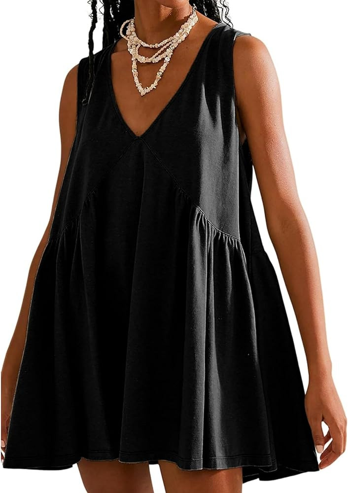Women's V Neck Sleeveless Mini Dress Loose Summer Pleated Swing Flowy Sundress | Amazon (US)