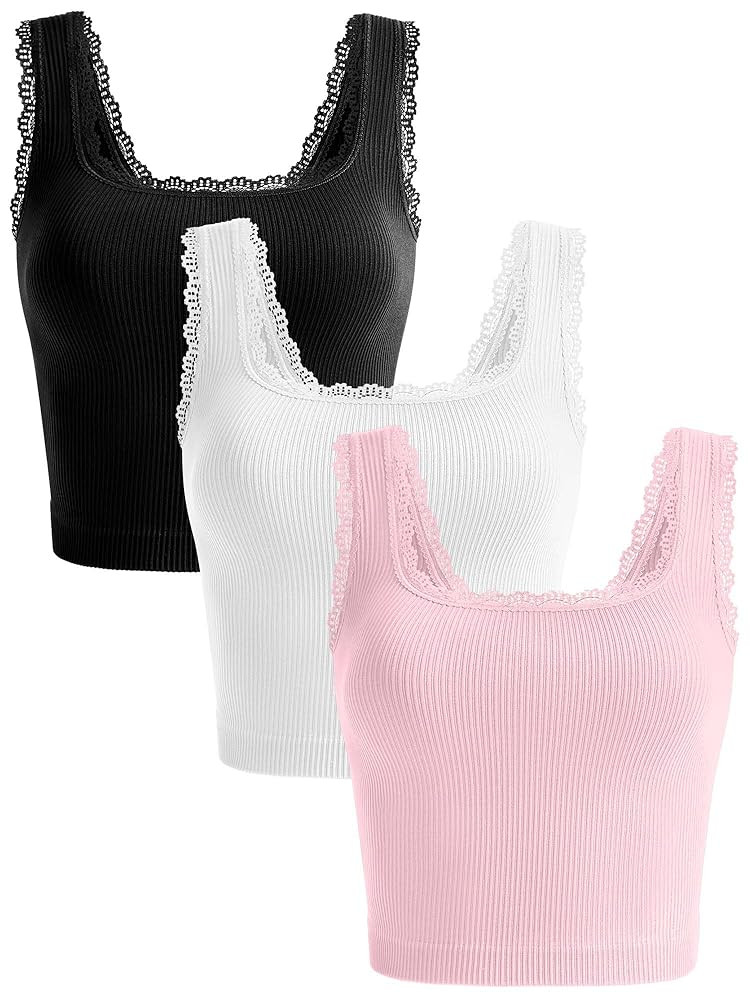OLCHEE Womens 3 Pack Crop Tank Tops Basic Seamless Ribbed Sleeveless Square Neck Workout Top Summ... | Amazon (US)