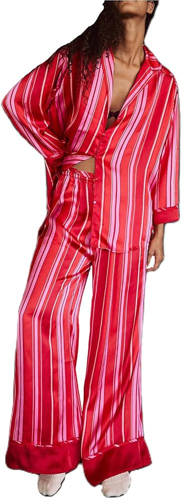 Women Satin Pajama Set Floral Silk Pajamas 2 Piece Lounge Sets Button Down Shirts Wide Leg Pants ... | Amazon (US)