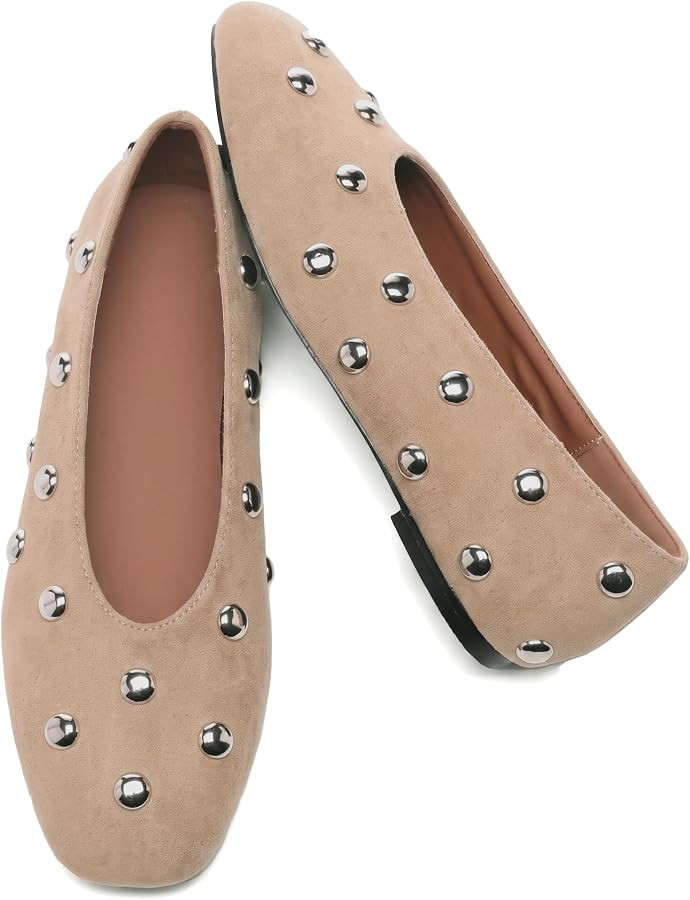 Studded Flats for Women Square Toe Slip on Suede Ballet Flats | Amazon (US)