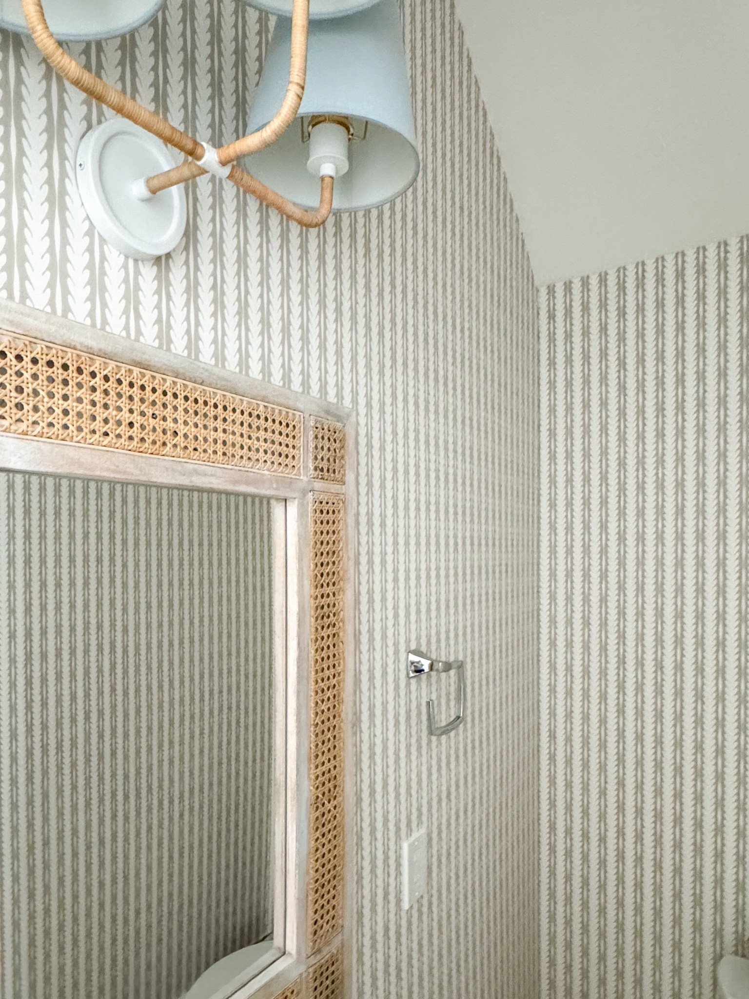 Sneak peek of our powder bath wallpaper! 😍 The wallpaper and light fixture are on sale today. My cane mirror has sold out but I’ll link one I belief is identical along with the other bathroom sources. 
.
#ltkhome #ltkseasonal #ltksalealert #ltkfindsunder50 #ltkfindsunder100 #ltkstyletip coastal powder bath wallpaper, Serena & Lilly wallpaperr

#LTKSeasonal #LTKSaleAlert #LTKHome