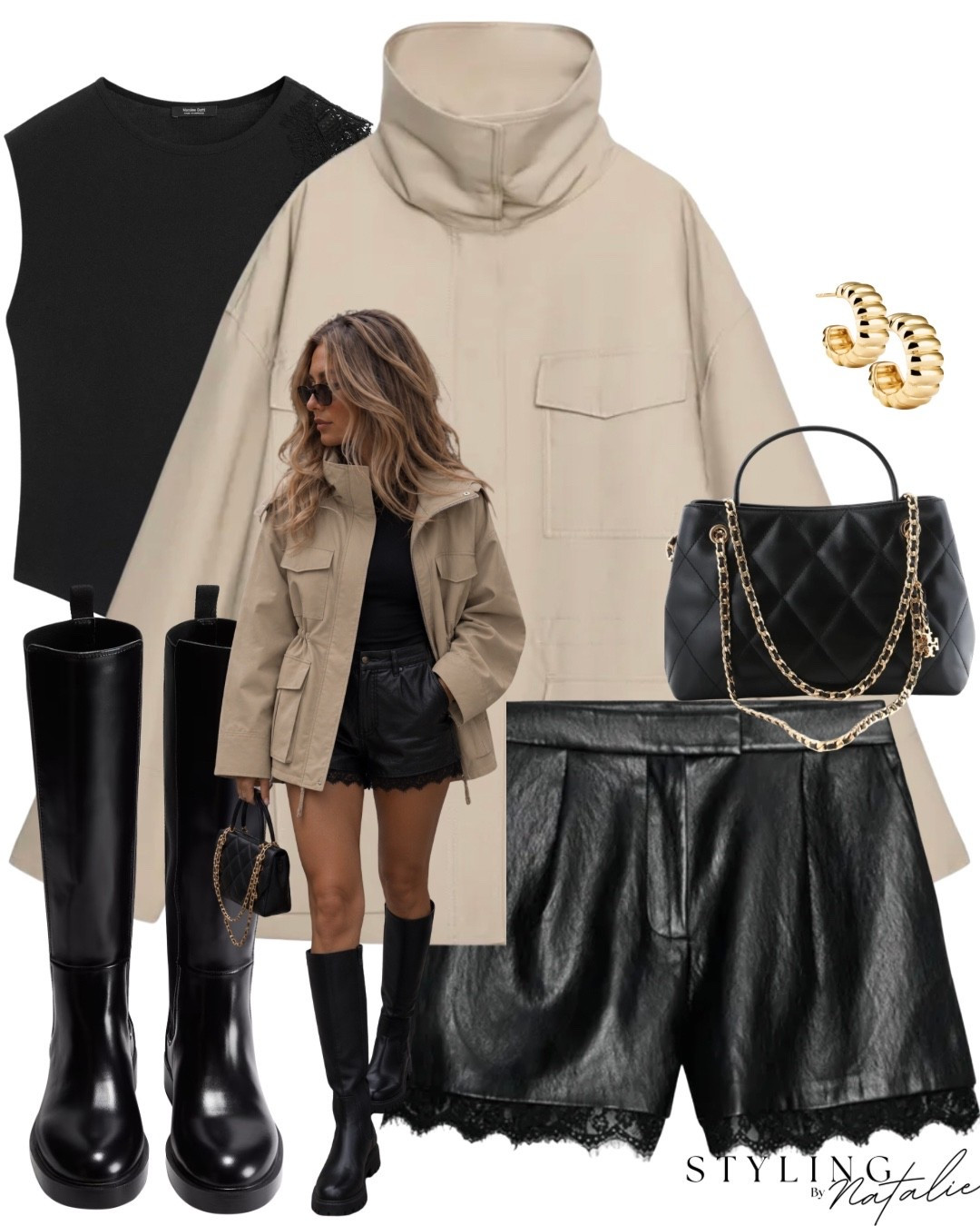 Cinched waist high collar parka jacket, leather look shorts with lace trim,  patent flat knee high boots, lace t-shirt, Tory Burch quilted chain bucket bag and gold earrings. Zara,  autumn outfit, fall outfit, trendy, cool girl, festival, concert, fall jacket, casual chic, elevated casual, drawstring waist

#LTKautumn #LTKuk #LTKmidsize