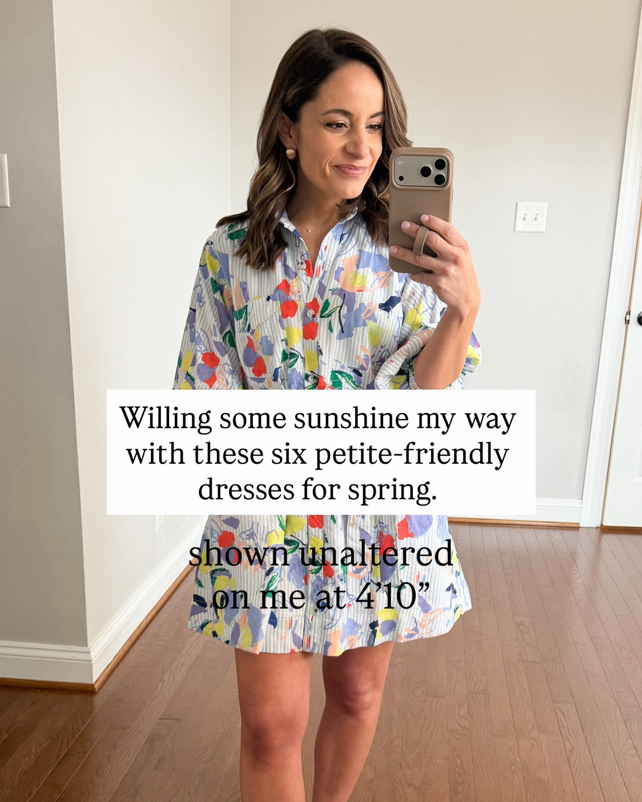 Six petite-friendly spring dresses! 

Light blue floral dress (Anthropologie): petite xxs, tts 
Blue and white dress (Walmart): xs - a little roomy 
Light blue eyelet dress (LOFT): petite xxs - runs large, size down 
Light green dress (Amazon): xs - tts but my dress possibly only in this color is 2” shorter than the size chart. (44” in xs) 
Yellow floral dress (Anthropologie): xs - xxs would be a better fit for me. Runs large at the chest. 
Purple dress (LOFT): petite xxs - runs large at the waist, recommend a size down. 