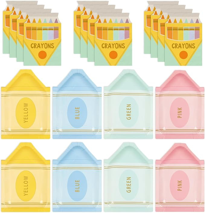 Pastel Back to School Crayon Shape Tableware 4 Colors Paper Plates and Napkins for First Day of S... | Amazon (US)