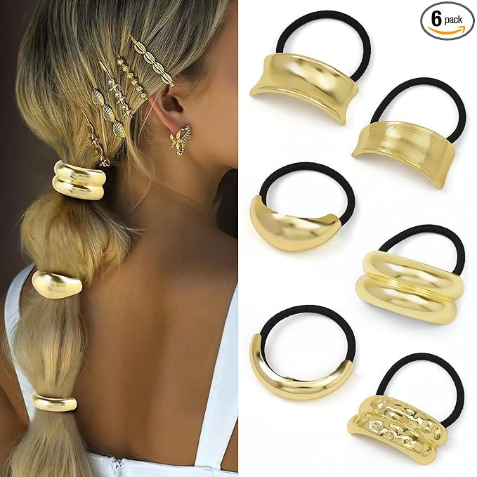 Gold Metal Hair Ties for Women - Cuffs, Accessories, Elastic Bands for Thick and Thin Hair Ponyta... | Amazon (US)