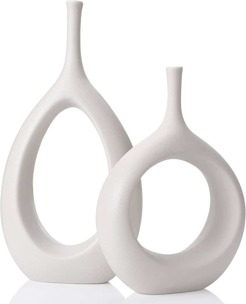 Amazon.com: White Ceramic Hollow Vases Set of 2, Flower Vase for Decor, Modern Decorative Vase Ce... | Amazon (US)