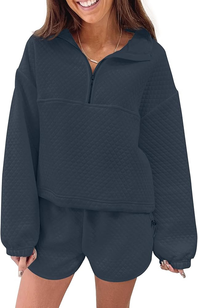 ZESICA Women's 2 Piece Outfits Long Sleeve Zipper Pullover Sweatshirt and Shorts Oversized Tracks... | Amazon (US)