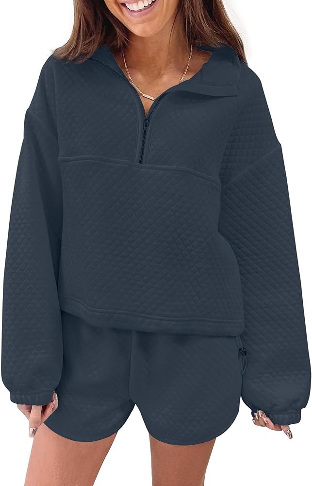 ZESICA Women's 2 Piece Outfits Long Sleeve Zipper Pullover Sweatshirt and Shorts Oversized Tracks... | Amazon (US)