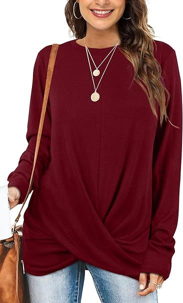 Tunic Tops For Leggings For Women Twist Front Long Sleeve Crew Neck Shirts | Amazon (US)