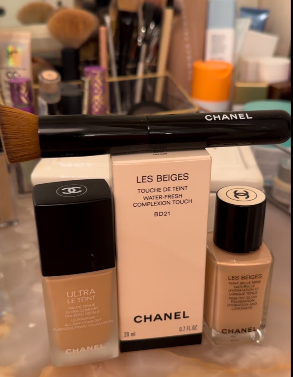 My everyday foundations, I like to mix mine together. Middle I use on my rosacea spots, far left I use all over and then the right one I use as a highlighter. The one in the middle comes with his own applicator brown, and then the foundation on the ends I use the Chanel foundation brush and it is incredible. I also use the corrector (not pictured) under my eyes.  

#LTKover40 #LTKbeauty #LTKstyletip