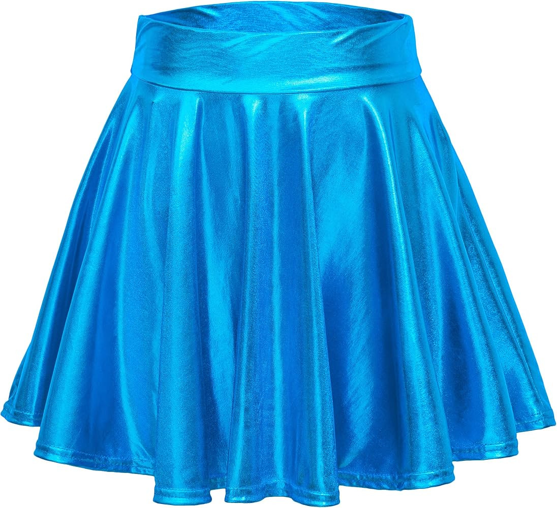 EXCHIC Women's Shiny Metallic Wet Look Stretchy Flared Mini Skater Skirt | Amazon (US)