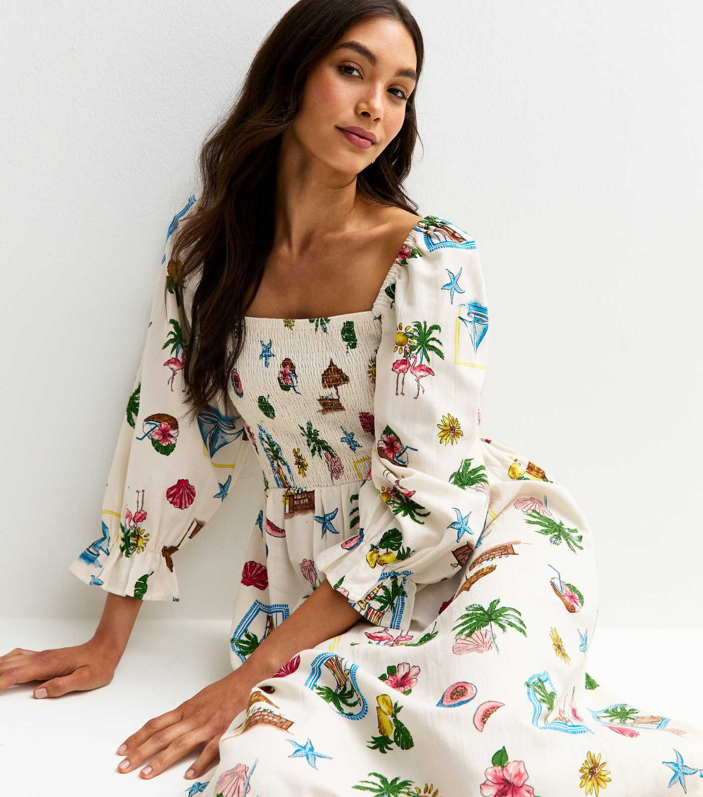 White Tropical Print Puff Sleeve Midi Dress | New Look | New Look (UK)