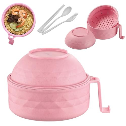 Microwave Ramen Bowl with Lid, 2026 New Ramen Noodles Bowl Set with Chopsticks, Spoon and Fork, Ramen Cooker with Handles for Dorm Room College Apartment Essentials (Pink) | Amazon (US)
