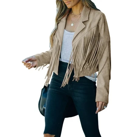 Fullvigor Women Fringe Jacket Tassel Cardigan Crop Tops Vintage Open Front Motor Biker Coat | Walmart (US)