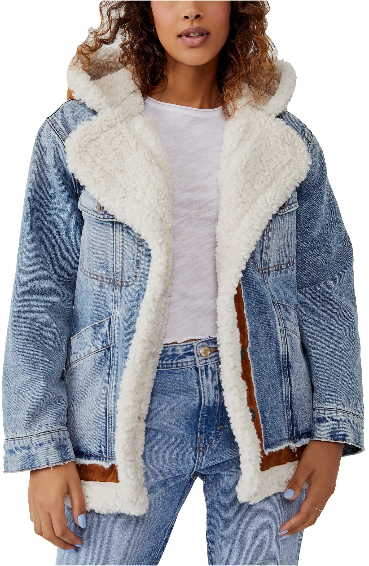 We the Free Magnolia Faux Shearling Lined Hooded Cotton Denim Jacket | Nordstrom