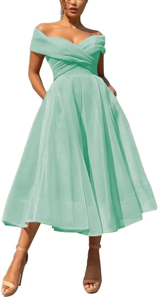 Off Shoulder Prom Dresses for Women Pleated A Line Tulle Formal Evening Gowns Elegant Party Dress... | Amazon (US)