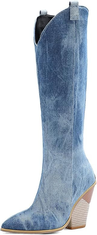 SO SIMPOK Women Snakeskin Chain Chunky Wedge Heel Knee High Boot Ladies Zipper Pointed Toe Cowboy... | Amazon (US)