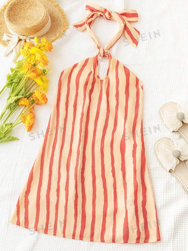 SHEIN WYWH WYWH Women Resort Style Loose Fit A-Line Halter Neck Striped Printed Dress With Cut Ou... | SHEIN