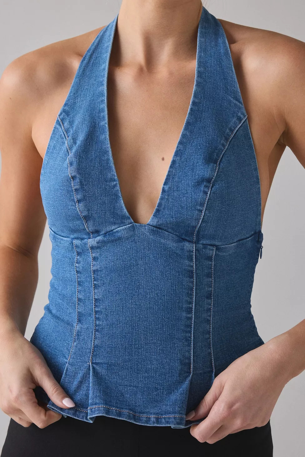 UO With Love Plunging Halter Denim Crop Top | Urban Outfitters (US and RoW)