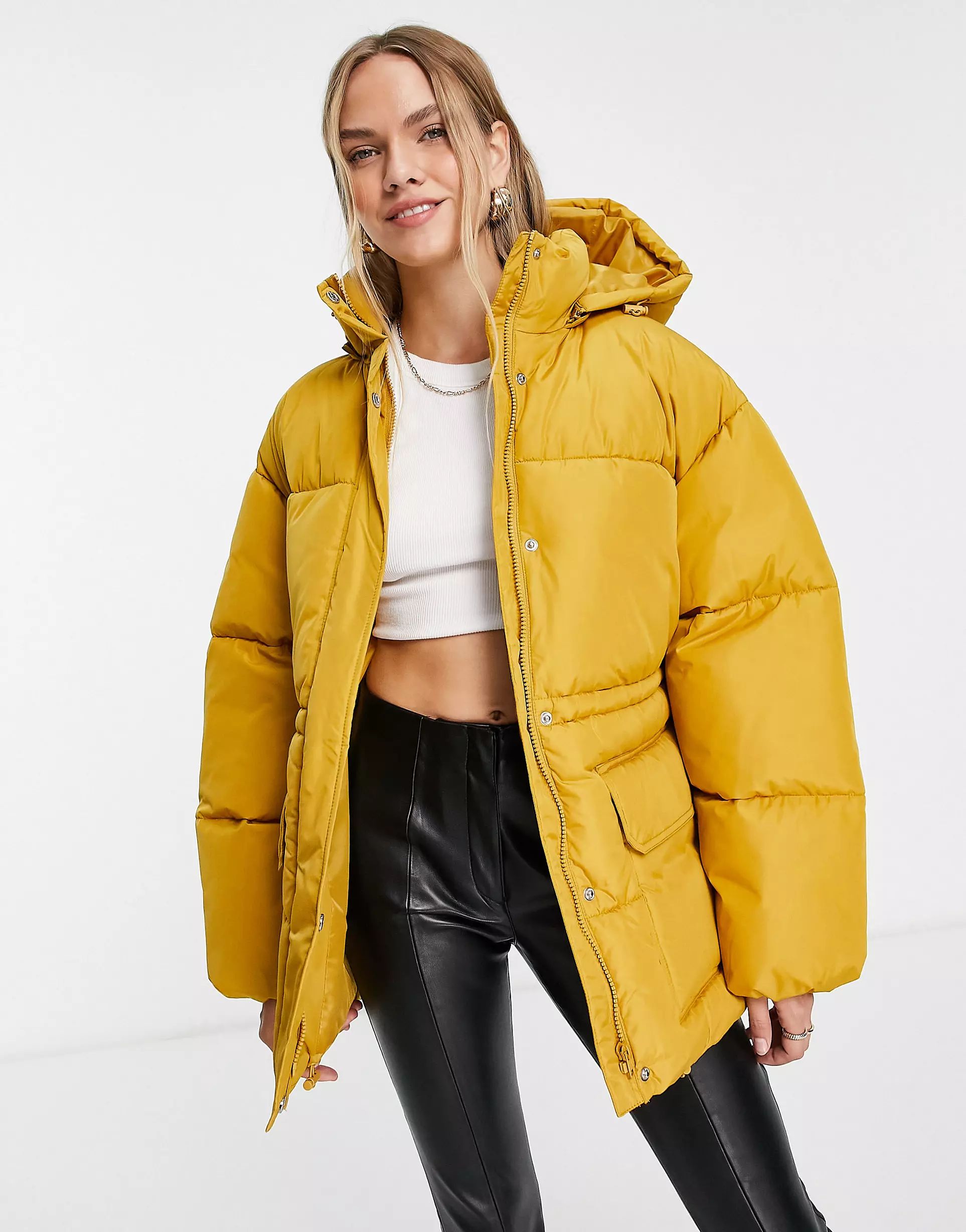 NA-KD oversized padded jacket with hood in mustard | ASOS (Global)