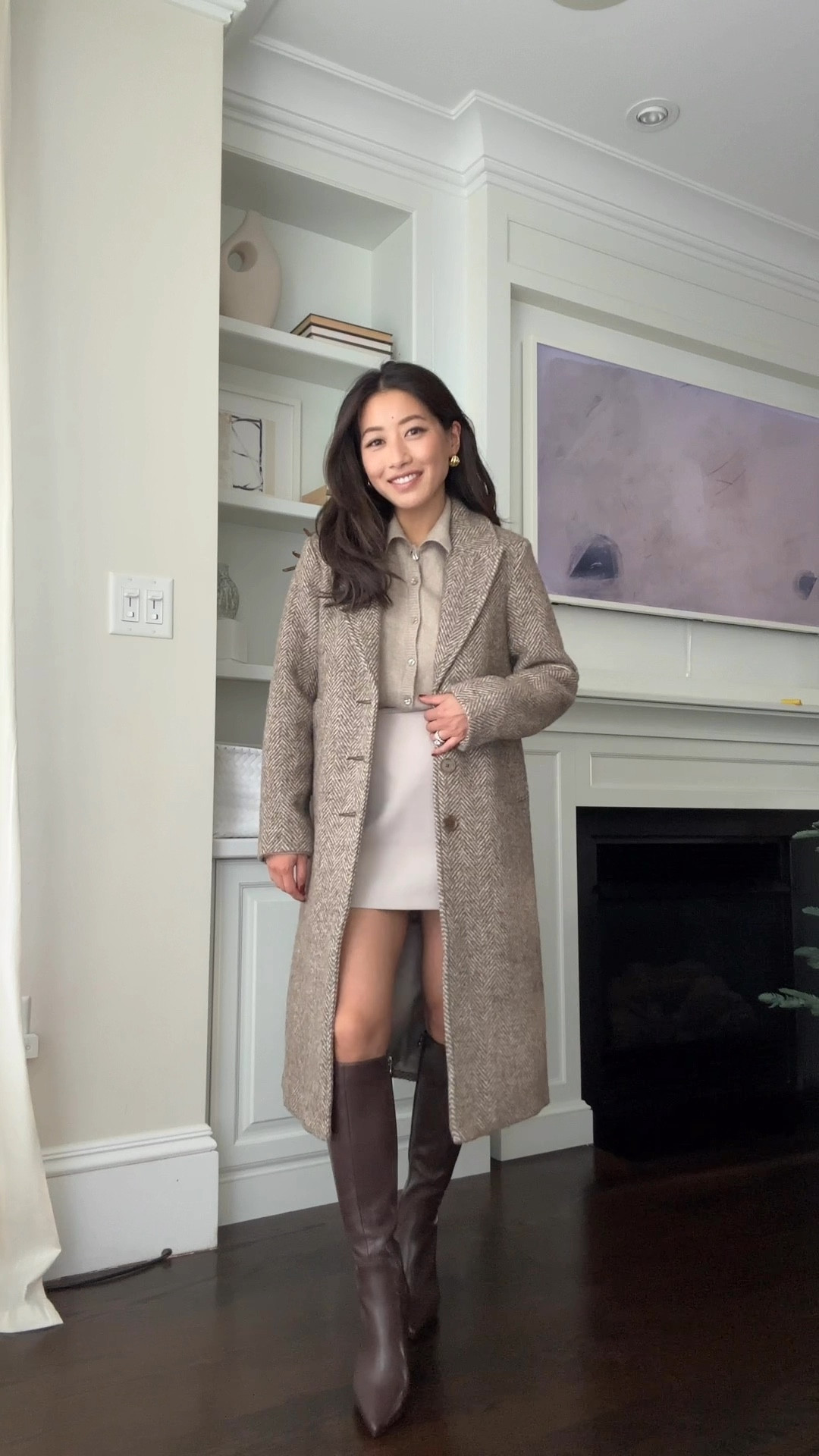 Classic petite coat + cozy fall Abercrombie look. use code AFJEAN for an additional 15% off AF site their Black Friday sale 

• Collared Cardigan in Taupe xxs - soft, looser relaxed fit on me with sleeves cuffed up. 

• Wool-blend Tailored Topcoat in brown herringbone xxs petite - 

TTS, thicker warm weight with a full lining and straighter cut fit with room to layer sweaters under. 

• Scarlett Mini Skort in light taupe xxs

- FYI the cream color shows wrinkles more so I would recommend a darker color

• Amazon Barcelona slim calf boots FYI nice quality but note these run super slim in the calf. The size 5.5 boots are very snug on my 12.5” circumference calves. The calf size will change a bit as shoe size goes up 

Holiday outfits, Gifts for her, Winter outing, cold weather outfit 

#LTKStyleTip #LTKCyberWeek #LTKHoliday