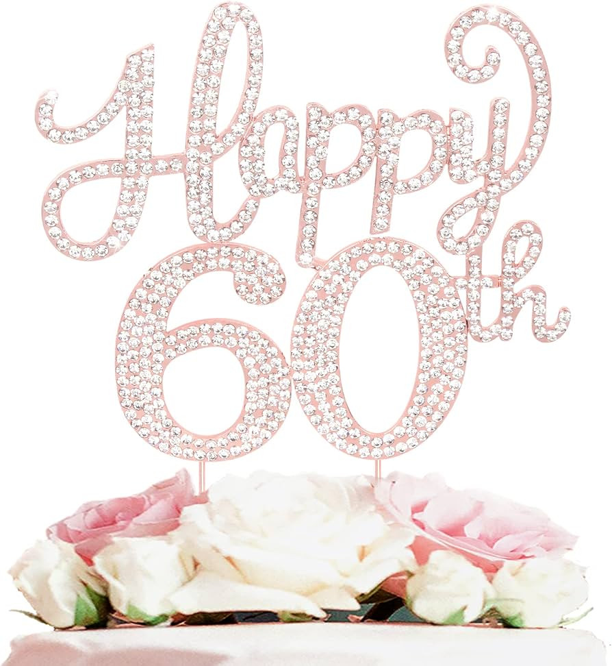 LASKYER Happy 60th Birthday Decorations,60th Birthday Rose Gold Rhinestone Cake Topper - Cheers t... | Amazon (US)
