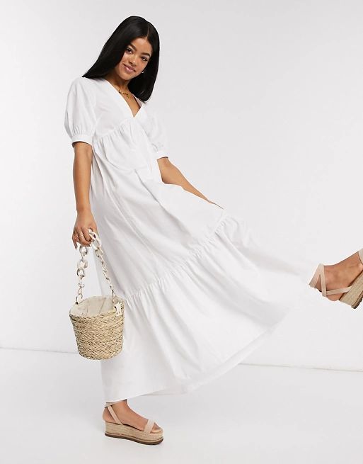 ASOS DESIGN cotton poplin v front v back tiered maxi dress in white | ASOS (Global)