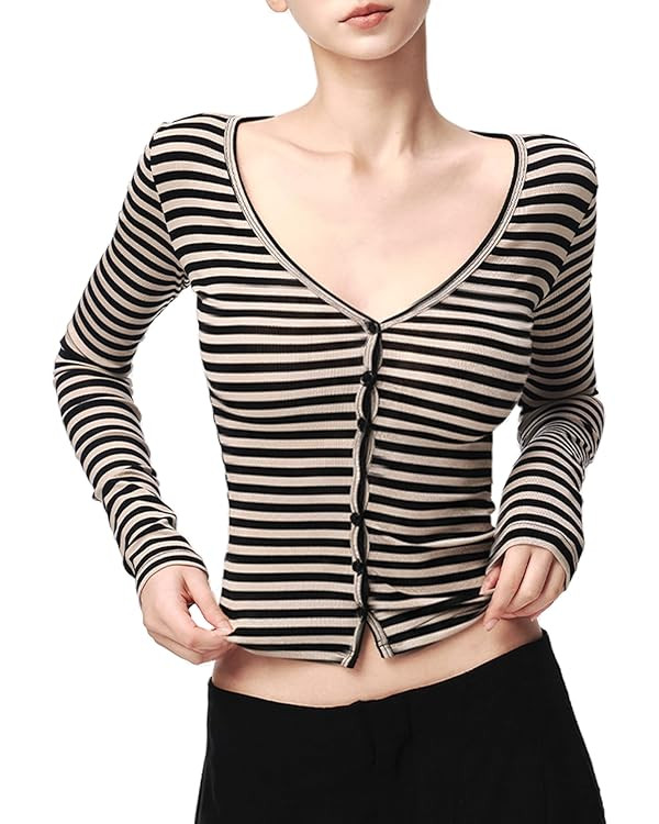Long Sleeve Tops for Women V-Neck Striped Shirts Slim-Fit Stretch T Shirts Going Out Tops Y2K Lig... | Amazon (US)