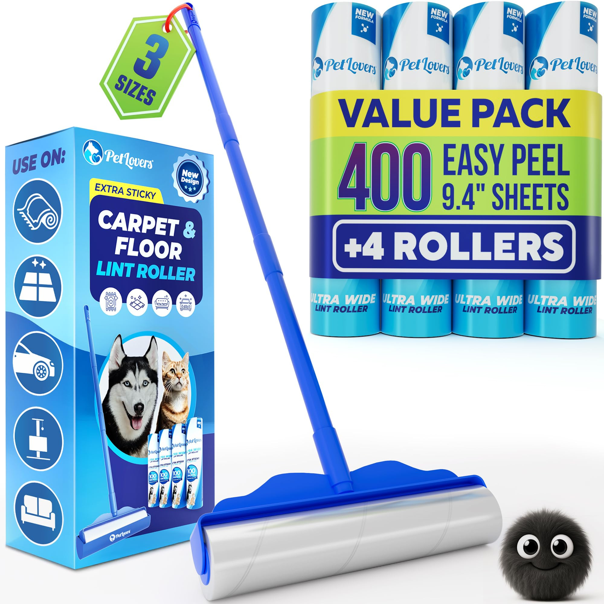 PetLovers Large Lint Roller with 3 Refills – 400 Total Sheets for Tackling Pet Hair, Extra Large Floor and Carpet Roller for Homes with Pets, Perfect for Floors, Furniture, and Loving Pet Owners | Amazon (US)